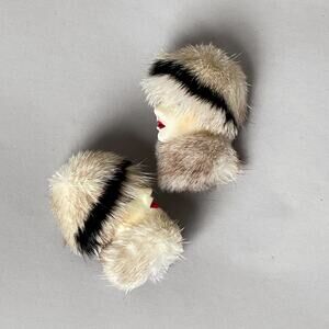 80s VTG Mink Fur Lady Face Post Earrings Fashion Ladies Genuine Fur Hand Painted